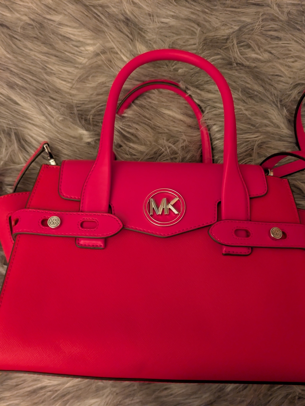 Michael Kors Bright Red Saffiano Satchel with Gold MK Logo